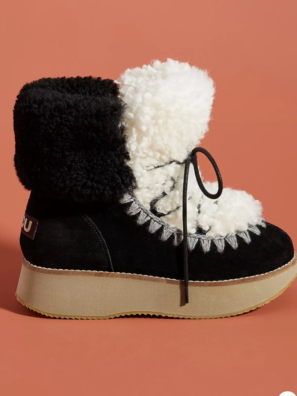 Mou Black and White Shearling Lace-Up Platform Boot
